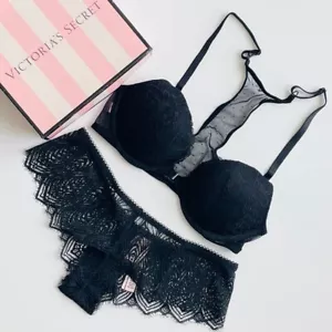 32C XS Victoria’s Secret black lace front closure pushup bra set thong panties - Picture 1 of 5