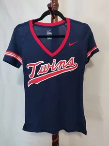Nike Minnesota Twins women size S t-shirt blue red colorblock SS v-neck logo EUC - Picture 1 of 6