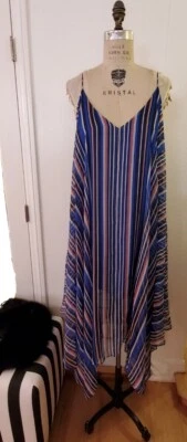 Vestido BEBE Rayas Azul Coral Negro Transparente Sol Vestido con Bolsillos y Cuello en V Para Mujer’s S Foto 1 de 4
