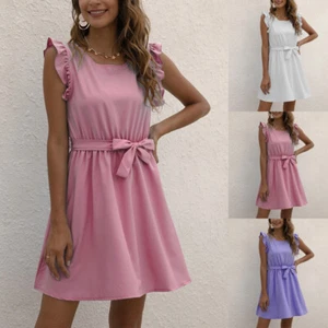 Womens Sexy Ruffle Mini Dress Ladies Sleeveless Summer Beach Holiday Sundress - Picture 1 of 12