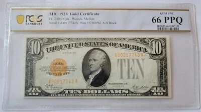 Fr.2400 1928 $10 Gold Certificate Sign: Woods, Melon GEM UNC PPQ66 - Image 1 of 4