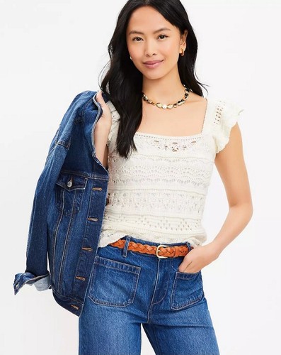 OFF WHITE Canotta all'uncinetto Loft XL cotone bianco sporco con maniche a volant Boho Festival Y2K