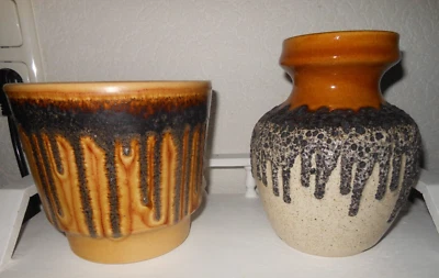 Übertopf Blumentopf Vase Lavadekor Scheurich Keramik Beige u. Senf 60er 70er - Bild 1 von 4