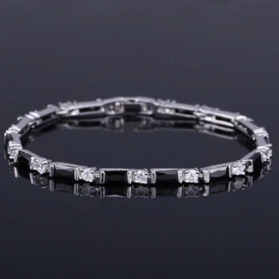 Pulsera de tenis delgada de circonita cúbica baguette chapada en plata para mujer joyería de boda Foto 1 de 4