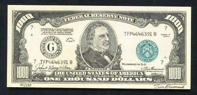 TIM PRUSMACK PAPER MONEY ART 1934 $1000 ONE THOUSAND FRN FEDERAL RESERVE NOTE - Image 1 of 2