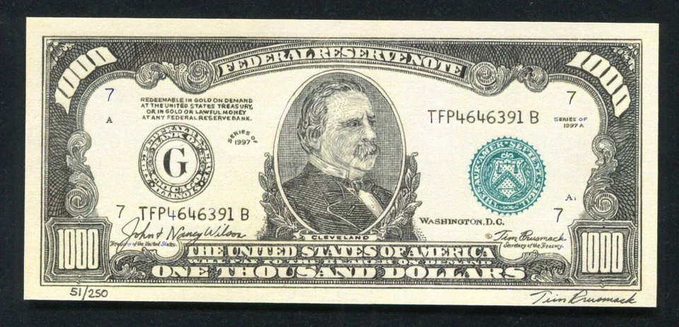 TIM PRUSMACK PAPER MONEY ART 1934 $1000 ONE THOUSAND FRN FEDERAL RESERVE NOTE - Image 1 of 2