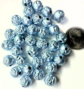 Bead, 100 Metallic Light Teal Acrylic 8mm Round Rose Flower Beads - Picture 1 of 2