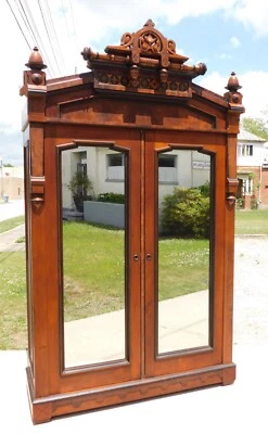 Victorian Walnut Mirrored Door Armoire Wardrobe Cabinet - Image 1 of 4