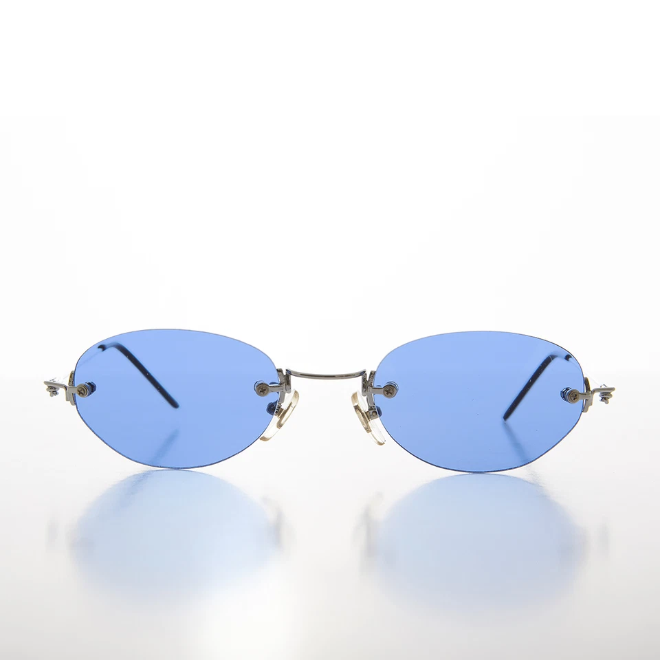 Овальные синие цветные винтажные солнцезащитные очки без оправы с линзами в серебристой оправе - перец - Изображение 1 из 3