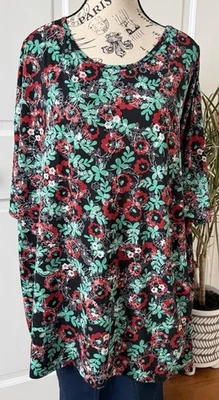 LuLaRoe Mujer’s Irma Grande Tejido Camiseta Floral Negro Rojo Verde Vacaciones B50 Foto 1 de 4