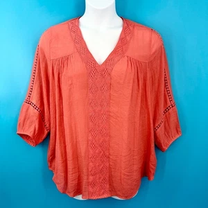 NWT JOHN PAUL RICHARD WOMAN CORAL ORANGE BOHO 3/4 SLEEVE CROCHET TRIM TOP 1X - Picture 1 of 6