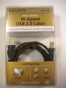 Belkin USB 2.0 Hi-Speed Gold Series USB A-B Plug  6' Cable 2005 F3U133q06-GLD - Picture 1 of 2