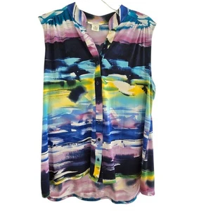 Blusa sin mangas Peck & Peck cuello en V abotonada púrpura azul acuarela PXL - Imagen 1 de 9