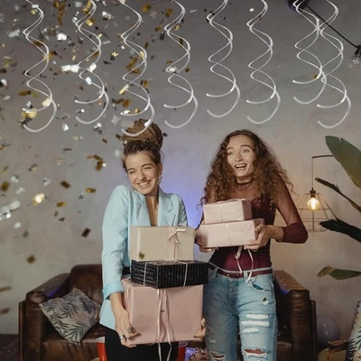 180 ps. Transmisor de plástico para decoración colgante de papel aluminio decoraciones remolino de fiesta plateado Foto 1 de 4