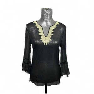 Whimsigoth Romantic Silk Sheer Flare Sleeve Scalloped Top Medium Witchy Gothic - Picture 1 of 6