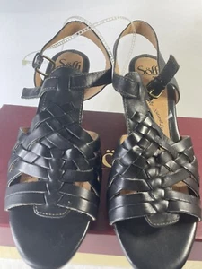 SOFFT Strappy Black Slingback Leather Wedge Sandals Size Women 9.5 Petula New - Picture 1 of 14