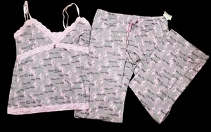 Rare! NWT Y2K Cute Sexy Baby Phat 2 Piece PJs Gray Pink Metal Cat Lace Size L - Picture 1 of 4