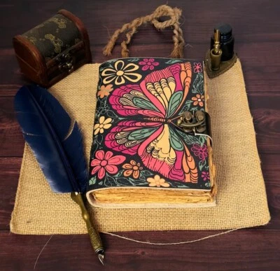 Butterfly Leather Journal - Handpainted Paper sheets  Hand-Stitched 7x5 - Image 1 of 4