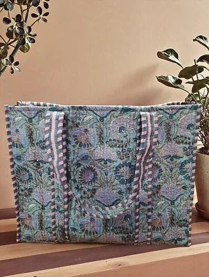 Cotton Floral Block Print Tote Bag, Indian Handmade Shopping Shoulder Bag Women - Image 1 of 4