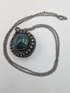 Vintage Tibetan Gemstone Metal Perfume Scent Snuff Bottle Necklace Container - Picture 1 of 8