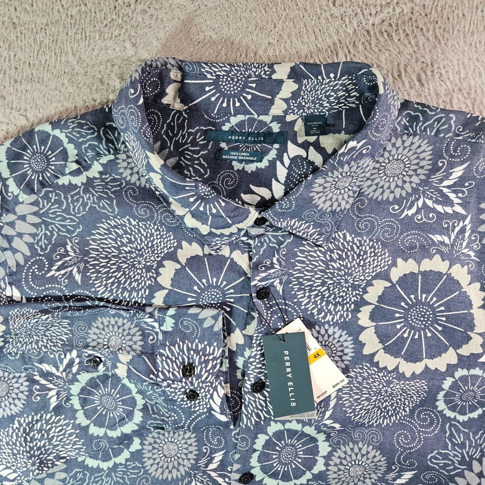 $99 NEW Perry Ellis 100% Linen Shirt Men 4X Button Geometric Floral Blue White - Image 1 of 4
