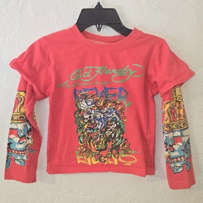 Camiseta Don Ed Hardy Roja Manga Larga Niños Pequeña "Sin Fin" Manga Tatuaje Foto 1 de 4