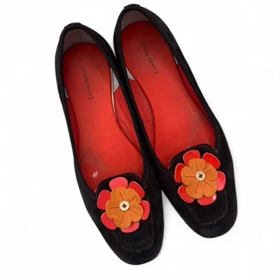 Lands End 棕色麂皮绒 3D 花朵玫瑰花芭蕾平底鞋乐福鞋 — 第 1/4 张图片