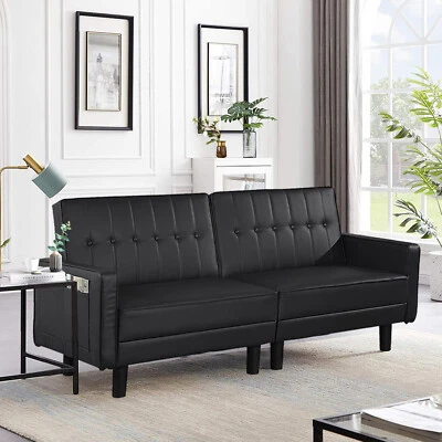  Futon Sleeper Sofa Couch Convertible Sofa Bed for Living Room PU Leather Black - Image 1 of 4