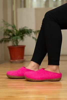 Handmade & Durable Outdoor Open Heel Wool Slippers with Rubber Sole - Fuchsia, - Image 1 of 4