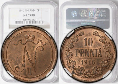 Russia, Finland, Nicholas II, 10 Pennia 1916, NGC MS 63 RB - Image 1 of 4