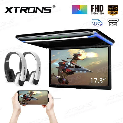 17.3" Car TV Roof Flip Down Monitor HDMI USB 1080P Video Player +2x Headphones - Image 1 of 4
