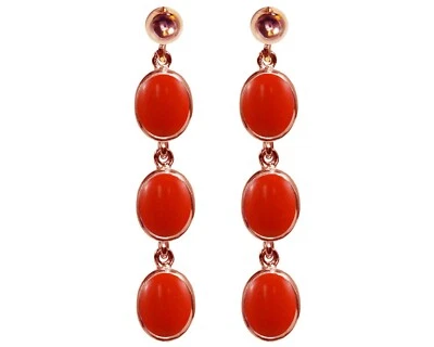 9ct Rose Gold Natural Peach Coral Triple Oval Dangling Studs Earrings British - Image 1 of 4