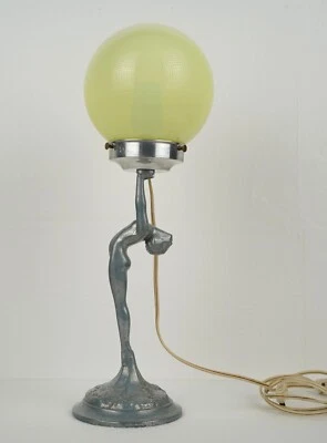 Art Deco Lady Cast Aluminum & Uranium Glass Table Lamp - Image 1 of 4
