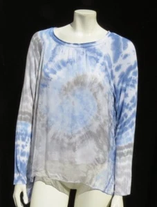 NEU TEMPO PARIS Italy S M blau Batik Langarm luftig Seide Jersey Tunika Top - Bild 1 von 6