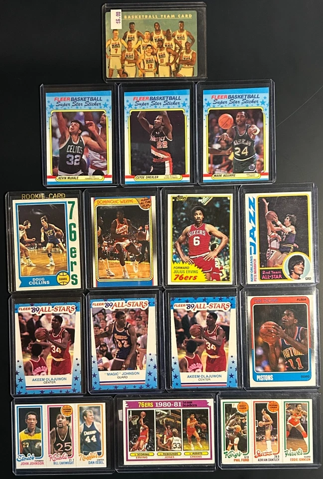 Lote de 15 tarjetas/pegatinas de baloncesto vintage.  Dr. J, Magic, Hakeem, Pistola Pete Foto 1 de 1