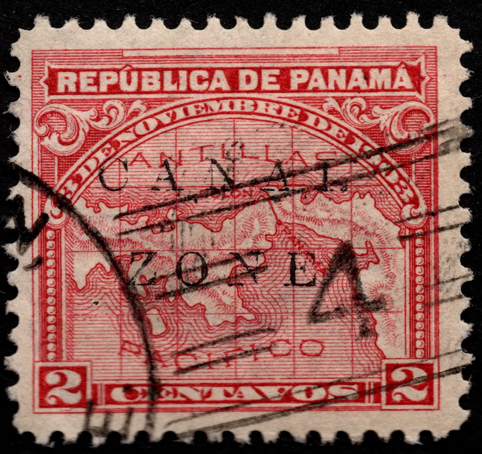 Canal Zone Stamp Scott # 10 Used 2 Cents Rose Map Issue with Numeral 4 Cancel - Image 1 of 1