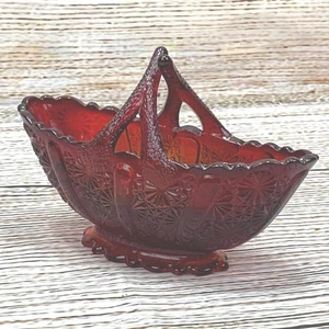 Fenton Ruby Red Glass Daisy & Button Split Handle Small Oval Basket - Picture 1 of 8
