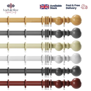 28MM WOODEN CURTAIN RAIL POLE FOR CURTAINS WOOD FINIALS BALL WHITE NATURAL GREY - Picture 1 of 55