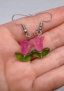 Pink Flower Earring, Floral Earring Dangle, Gift Ideas, Flower Charm Gift Idea - Picture 1 of 4