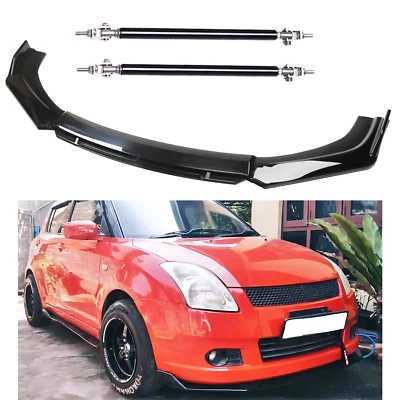 Gloss Black Front Bumper Lip Splitter Spoiler Kit + Strut Rods For Suzuki Swift - Image 1 of 4