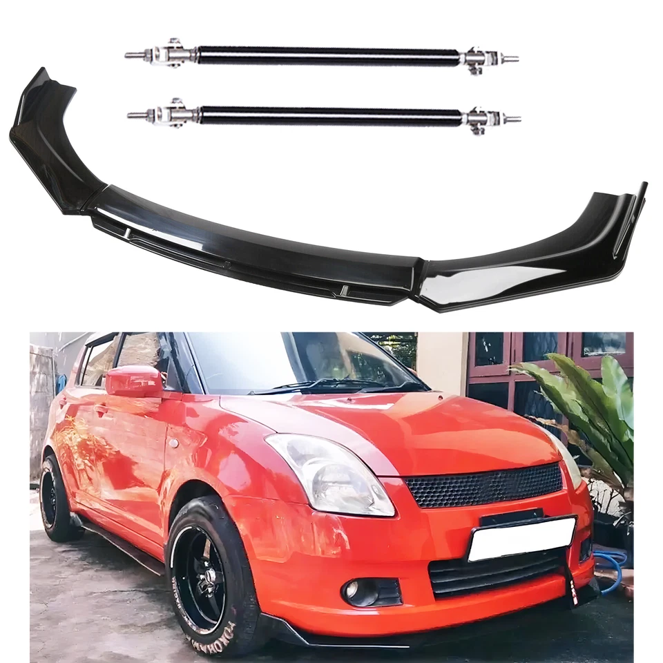 Gloss Black Front Bumper Lip Splitter Spoiler Kit + Strut Rods For Suzuki Swift - Image 1 of 4