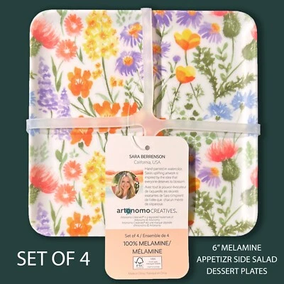 SET OF 4 New Artonomo Creatives 6" Square Melamine Plates Multicolor Floral - Image 1 of 4