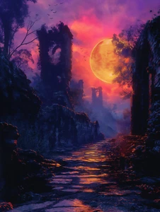 Póster Dark Forest Path Through Ruined Castle Under Full Moon 18x24 pulgadas - Imagen 1 de 1