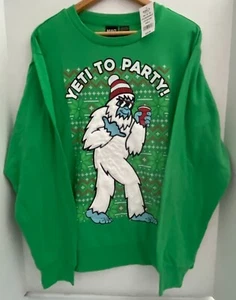 Yeti To Party ~ Men's Green Holiday Fuzzy Fleece Ugly Sweater ~ Large ~ NWT NEW - Picture 1 of 4