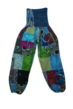 Patchwork Cotton Harem Pant High Waist BOHO BLUE HIPPY GYPSY Cuffed Pants S/M