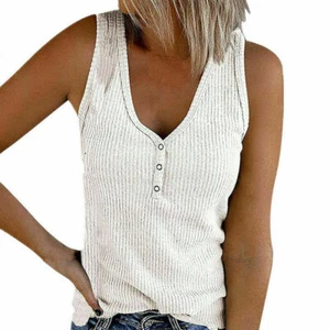Camiseta sin mangas informal lisa sin mangas con botones cuello en V suelta de verano para mujer - Imagen 1 de 13