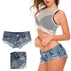 Pantalones cortos de mezclilla de tiro bajo para mujer Pantalones cortos rasgados Dobladillo crudo Cheeky Jeans - Imagen 1 de 28
