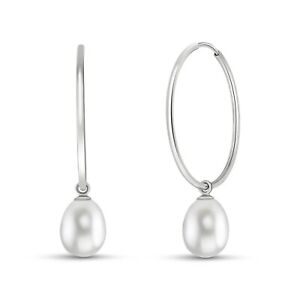 14K. SOLID GOLD HOOP EARRINGS WITH NATURAL PEARLS (White Gold)