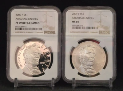 2009 P ABRAHAM LINCOLN - $1 - BOTH NGC MS69 & PF69 UC - SILVER COIN /w OGP - SET - Image 1 of 4
