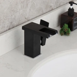 Grifo de baño negro pico en cascada mango individual y grifo mezclador de montaje en cubierta de orificio - Imagen 1 de 11